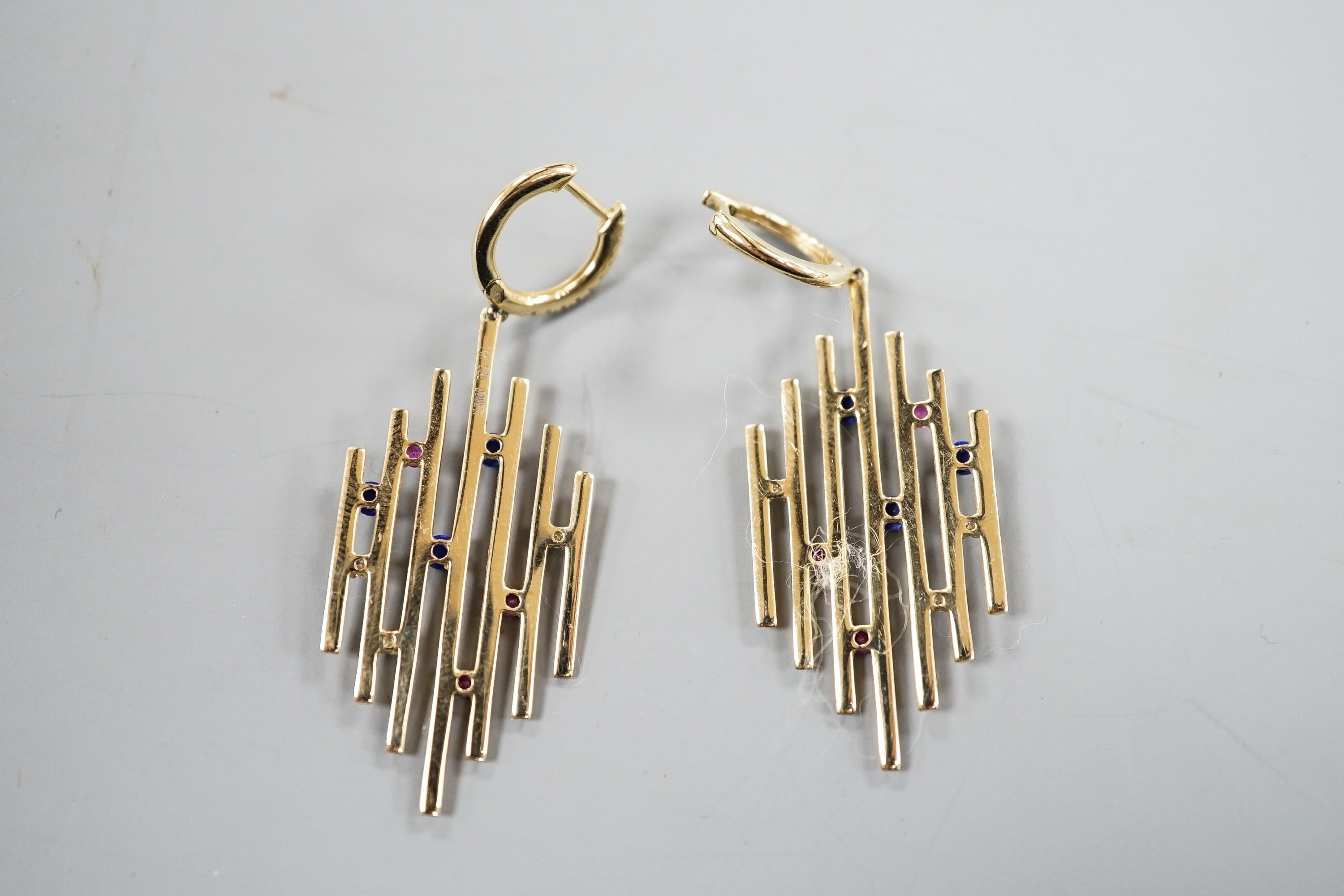 A pair of modern 585 yellow metal, ruby, lapis lazuli and diamond set Dynasty earrings, overall 48mm, gross weight 6.4 grams.